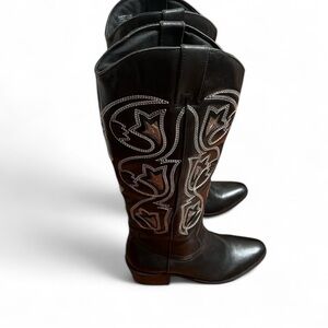 Western Cowgirl Embroidered Black Thigh High Boots